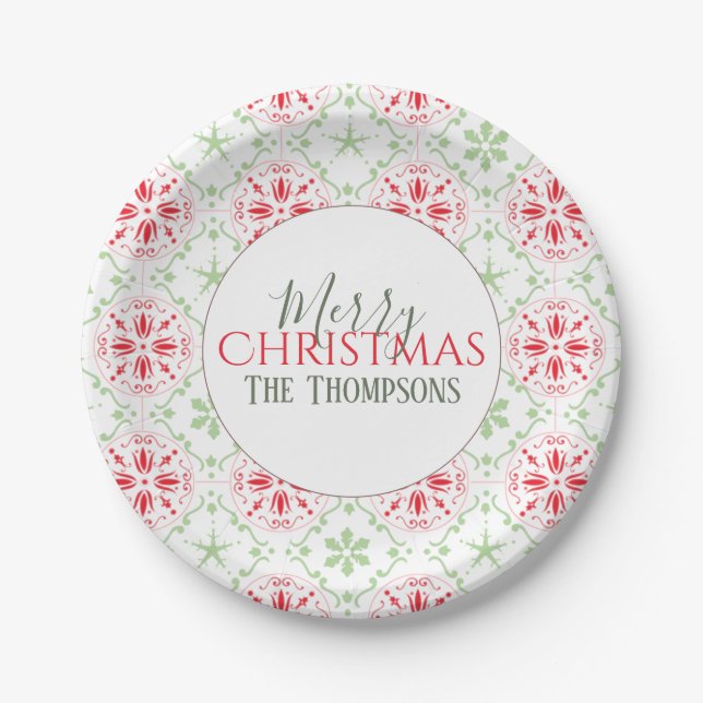Simple Christmas Red and Green Cute Snowflake  Paper Plate (Front)