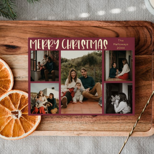 Simple Christmas Red Five-Photo Gold Foil Holiday Card (Creator Uploaded)