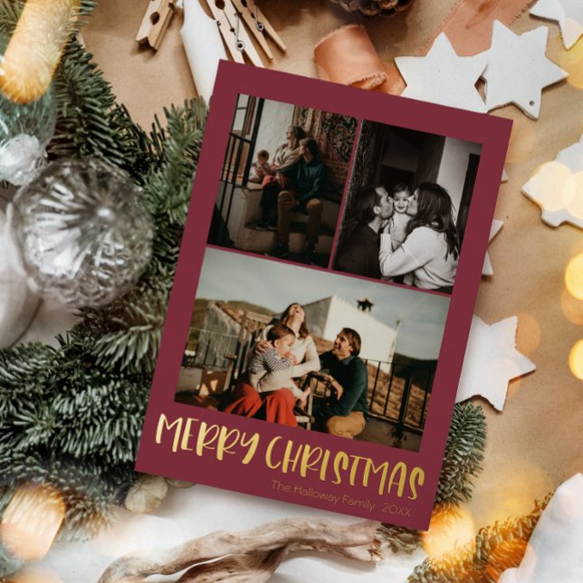 Simple Christmas Red Vertical 3 Photo | Gold Foil Holiday Card (Creator Uploaded)