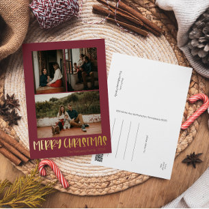 Simple Christmas Red Vertical 3 Photo   Gold Foil Holiday Postcard