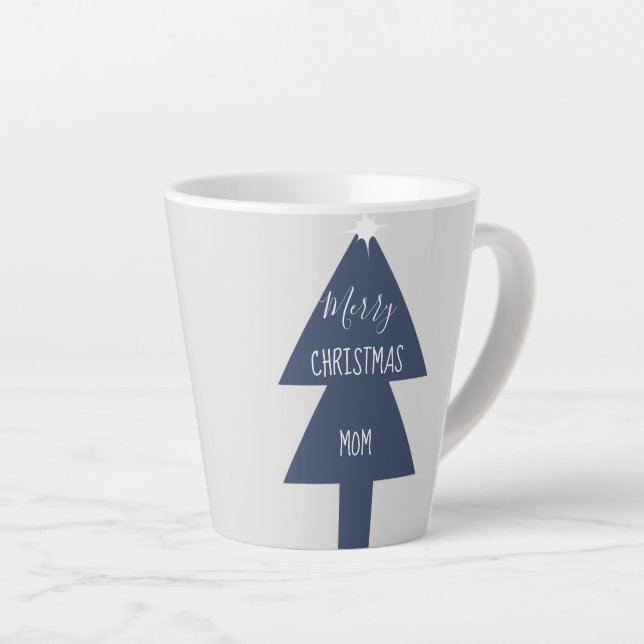 Simple Christmas Tree Blue Grey Name  Latte Mug (Right Angle)