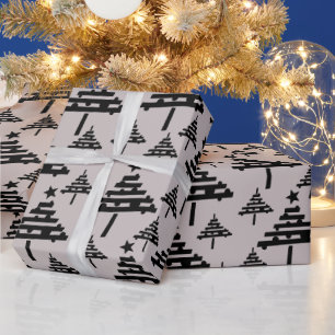Simple Christmas Tree Pattern Beige Black Holiday Wrapping Paper