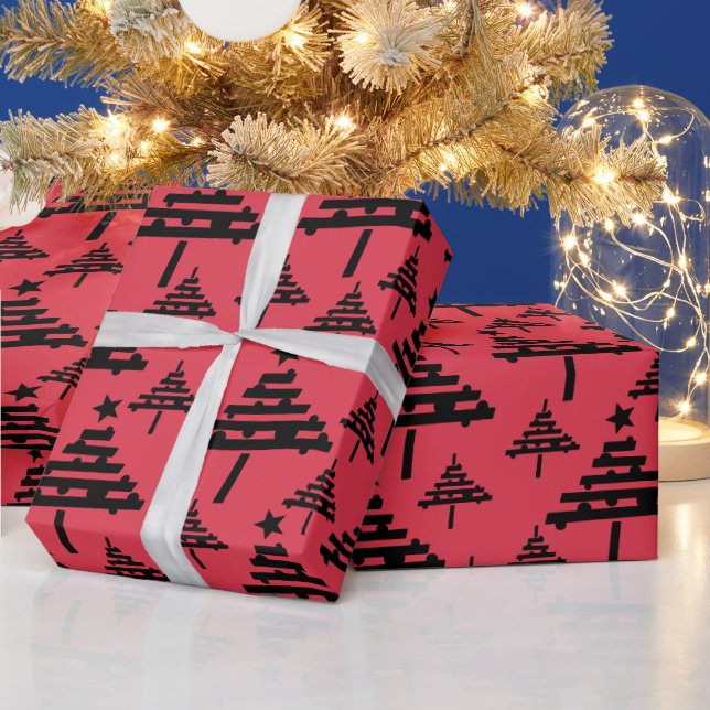 Simple Christmas Tree Pattern Black Red Holiday Wrapping Paper (Holidays)