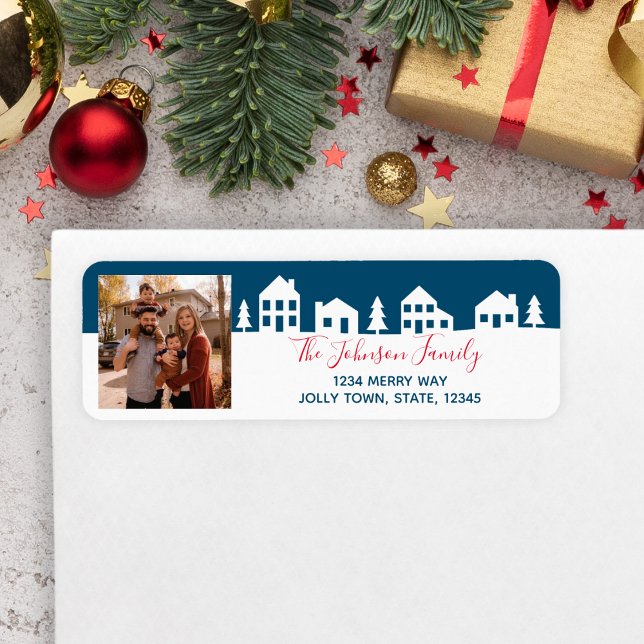 Simple Christmas Village Return Address Label (Photo Address Label with Christmas Village)