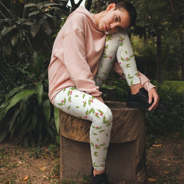 Simple Christmas Watercolor Holly Berries Greenery Leggings (Holiday greenery and red holly berries leggings)