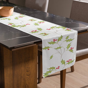 Simple Christmas Watercolor Holly Berries Greenery Short Table Runner