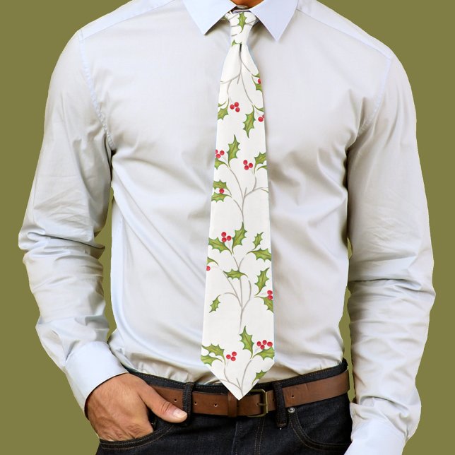 Simple Christmas Watercolor Holly Berries Greenery Tie (Watercolor red holly berries neck tie. )