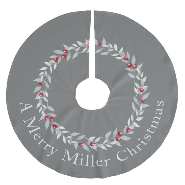 Simple Christmas Wreath Design - Grey & Red Brushed Polyester Tree Skirt (Front)
