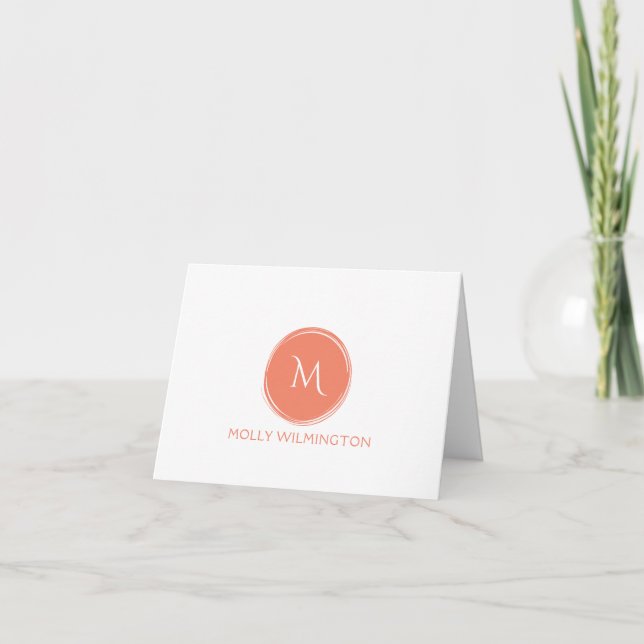 Simple Circle Monogram Coral Folded Note Cards (Front)
