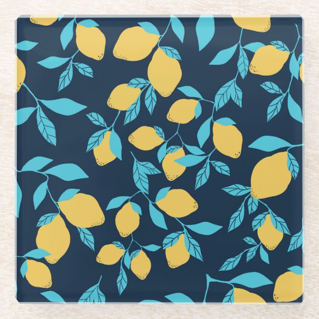 Simple citrus: lemons on blue. glass coaster (Front)