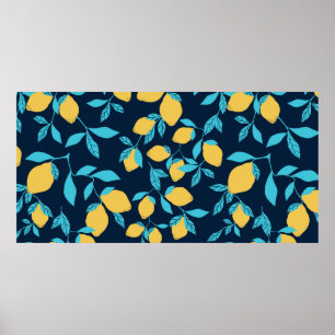 Simple citrus pattern. ripe lemons and bright leav poster
