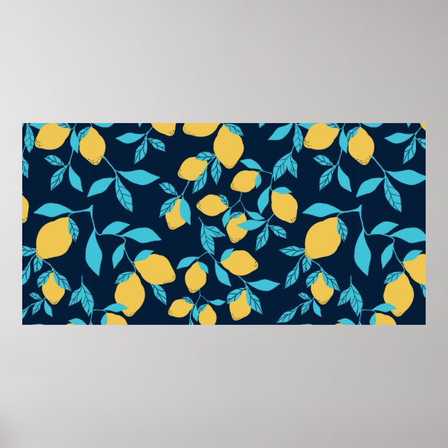 Simple citrus pattern. ripe lemons and bright leav poster (Front)