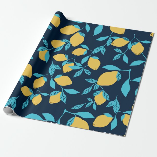 Simple citrus pattern. ripe lemons and bright leav wrapping paper (Unrolled)