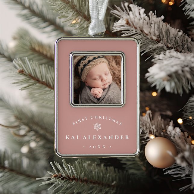 Simple Classic Baby's First Christmas Photo Silver Plated Framed Ornament (Creator Uploaded)