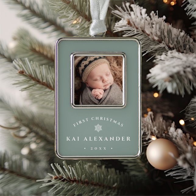 Simple Classic Baby's First Christmas Photo Silver Plated Framed Ornament (Creator Uploaded)