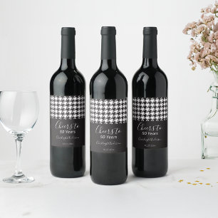 Simple Classic Black and White Houndstooth Cheers Wine Label