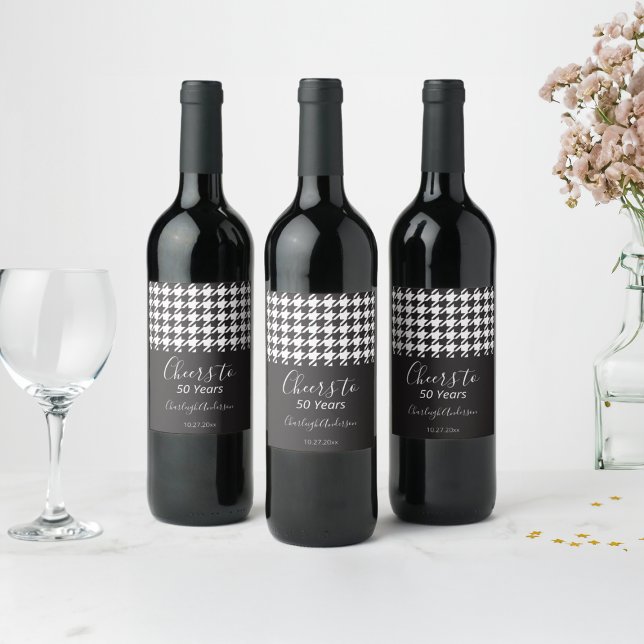 Simple Classic Black and White Houndstooth Cheers Wine Label (Creator Uploaded)