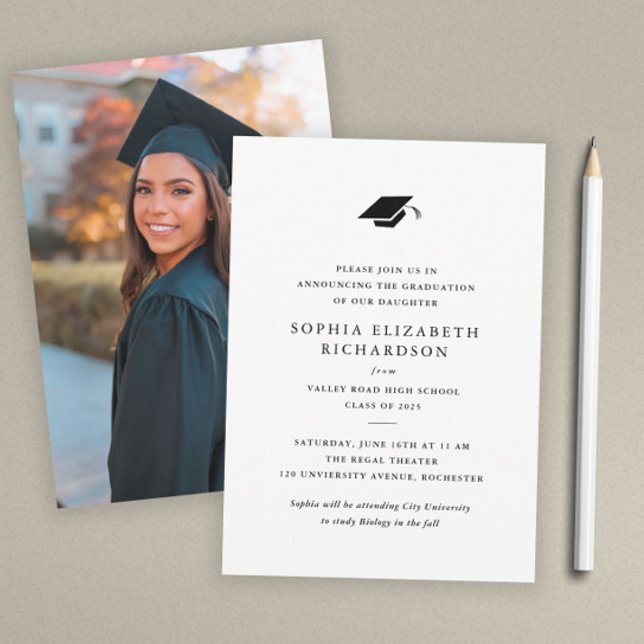 Simple Classic Black and White Photo Graduation  Announcement (Simple black and white formal photo graduation announcement.)