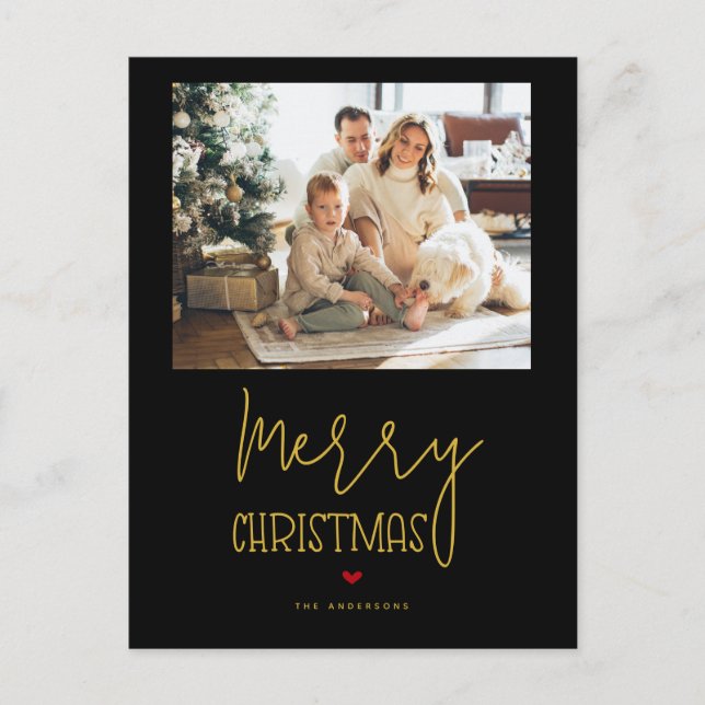 Simple Classic Black Gold Merry Christmas Photo Holiday Postcard (Front)