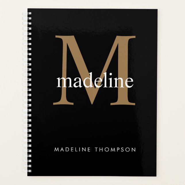 Simple Classic Black Gold Monogram Name Initial Planner (Front)