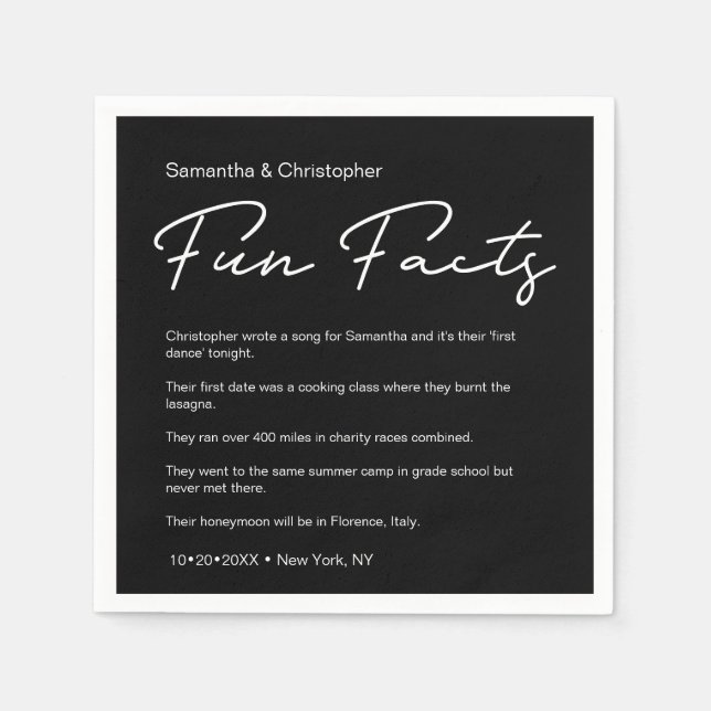 SImple Classic Black White Wedding fun facts Napkin (Front)