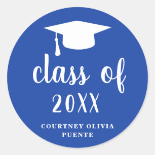 Simple Classic Blue and White Graduation Cap Classic Round Sticker