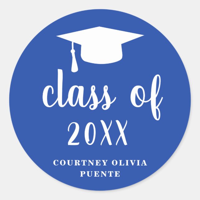 Simple Classic Blue and White Graduation Cap Round Sticker (Front)