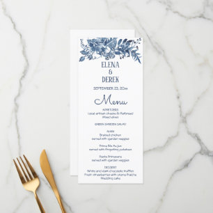 Simple Classic Blue, White Floral Wedding Menu