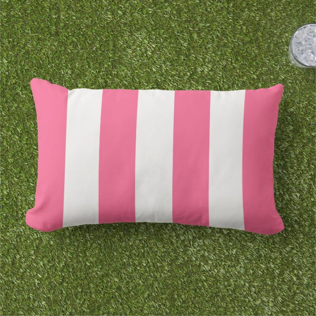 Simple Classic Bright Pink Cabana Stripes Lumbar Cushion (Grass)