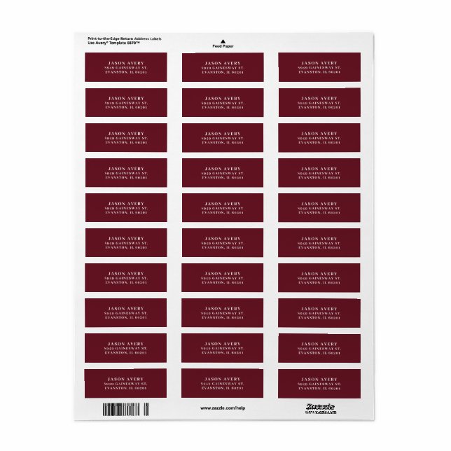 Simple Classic Burgundy Return Address Text Based  Label (Full Sheet)
