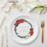 Simple Classic Christmas Wedding Paper Plate<br><div class="desc">This simple classic Christmas wedding paper plates features a clean, bright white backdrop with simple, minimalist black and gold lettering and handwritten calligraphy accents. Embellishments of beautiful and classic green and red Christmas wreaths with delicate gold features create a perfect winter holiday aesthetic while maintaining a polished elegance for your...</div>