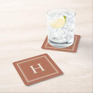 Simple Classic Earthy Terracotta with Monogram Square Paper Coaster
