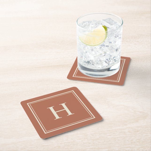 Simple Classic Earthy Terracotta with Monogram Square Paper Coaster (Insitu)