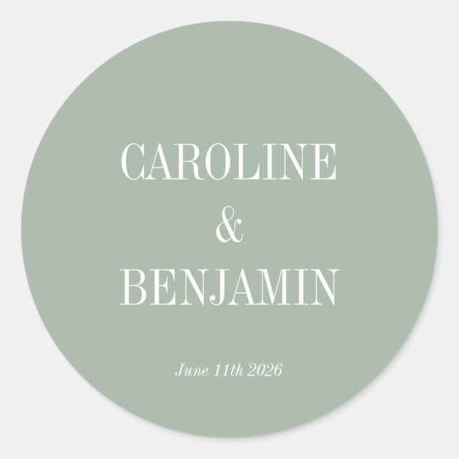 Simple Classic Elegant Dusty Sage Custom Wedding Round Sticker (Front)