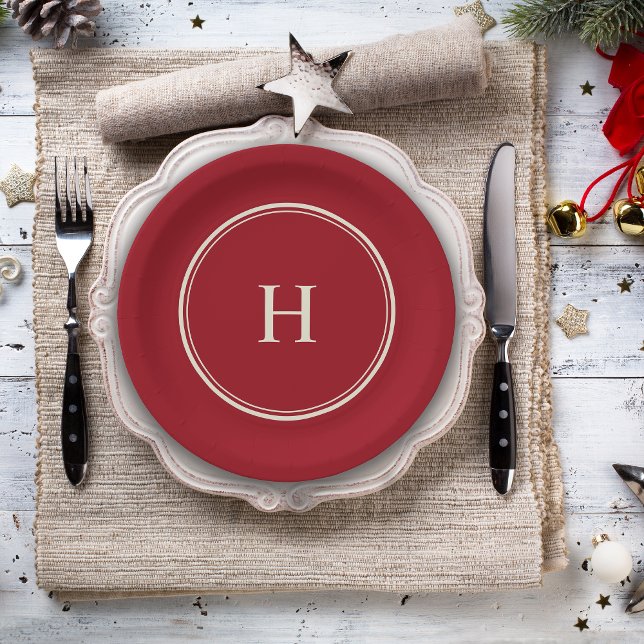 Simple Classic Elegant Monogram on Cranberry Red Paper Plate (Personalize this cranberry red plate with your monogram initial.)