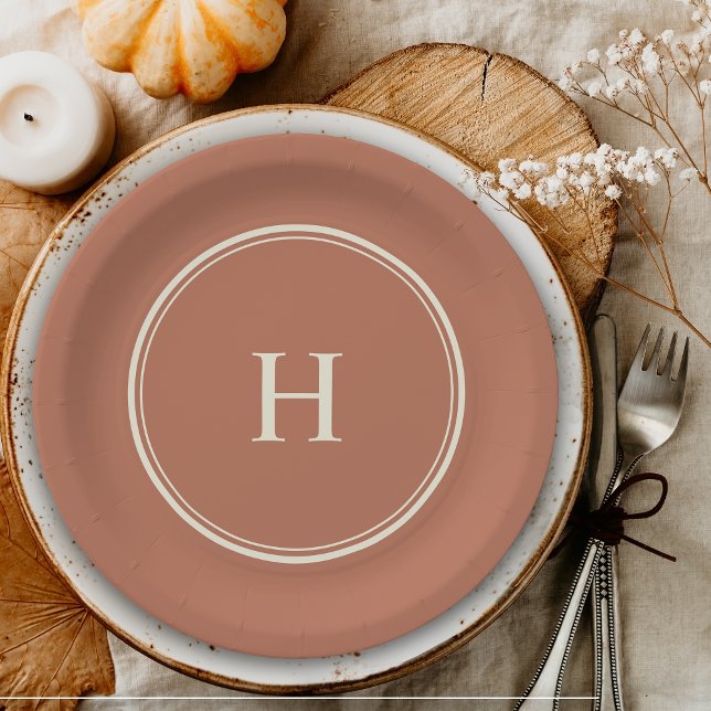 Simple Classic Elegant Monogram on Terracotta Paper Plate (A simple elegant look, these disposable paper plates are great to have on hand.)