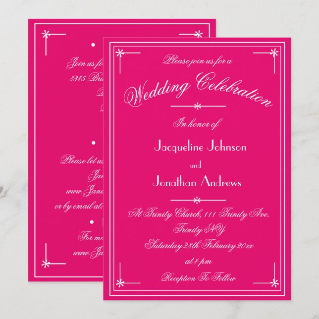 Simple Classic Fuchsia & White All In One Wedding Invitation (Front/Back)