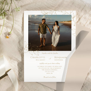 Simple Classic Gold Greenery Wedding Photo Invitation