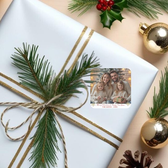 Simple Classic Gold Snowflakes one photo Square Sticker (Simple Classic Gold Snowflakes one photo Square Sticker)