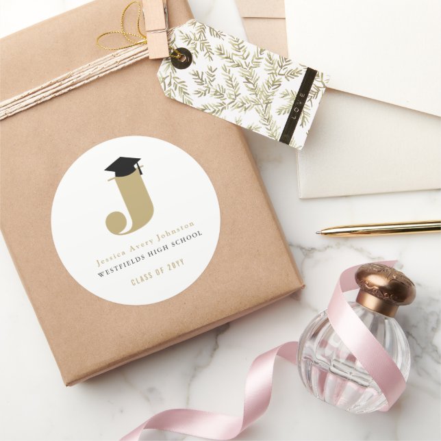 Simple Classic Grad Monogram Modern Graduation Cap Round Sticker (Gifting)