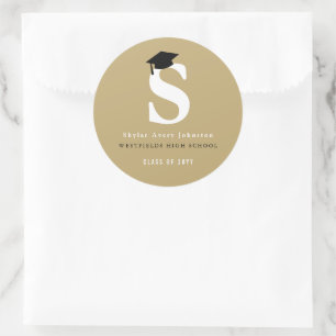 Simple Classic Grad Monogram Modern Graduation Cap Round Sticker