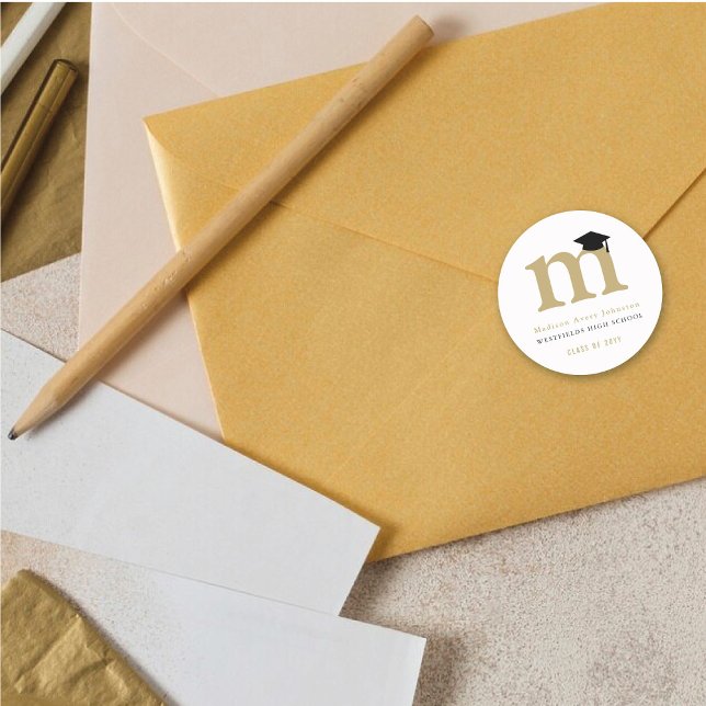 Simple Classic Grad Monogram Modern Graduation Cap Round Sticker (Simple Classic Grad Monogram Modern Graduation Cap Classic Round Sticker @ zazzle.com/color_therapy)