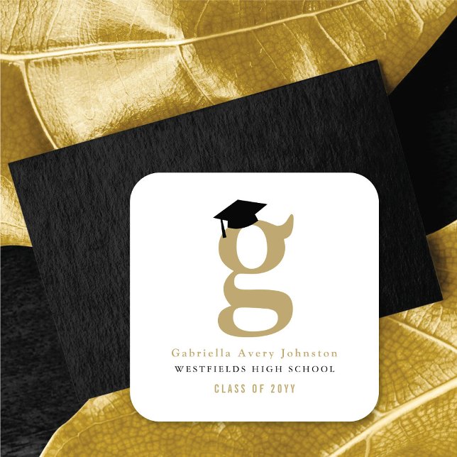 Simple Classic Grad Monogram Modern Graduation Cap Square Sticker (Simple Classic Grad Monogram Modern Graduation Cap Classic Square Sticker @ zazzle.com/color_therapy)