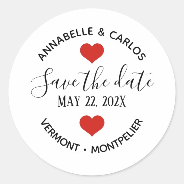 Simple Classic Hearts Save the Date Round Sticker (Front)