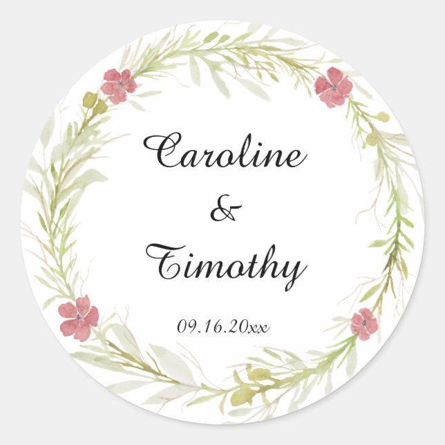 Simple Classic Leafy Floral Wreath Wedding Classic Round Sticker (Front)
