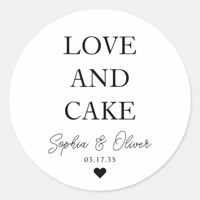 Simple Classic LOVE AND CAKE Heart Wedding Favour Classic Round Sticker (Front)