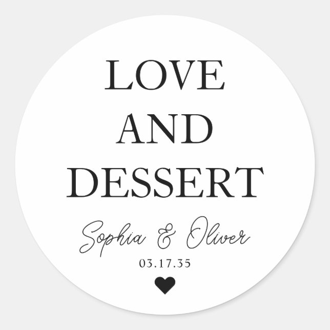 Simple Classic LOVE DESSERT Heart Wedding Favour Round Sticker (Front)