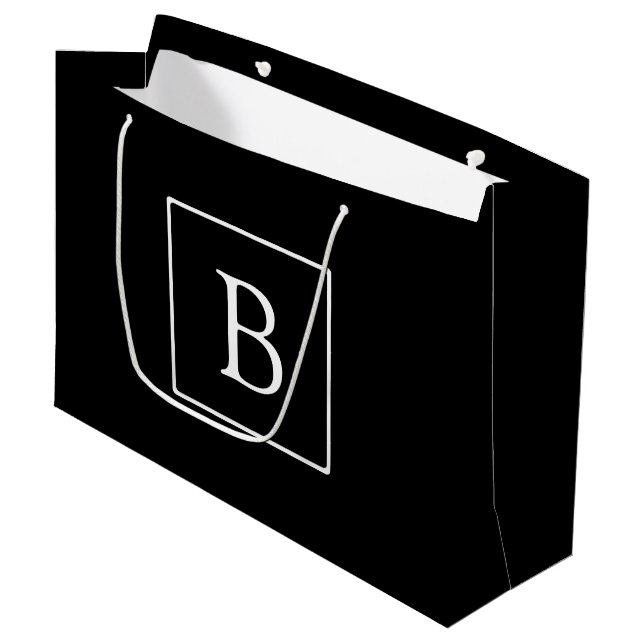 Simple Classic Monogram | Black w/ White Text Large Gift Bag (Front Angled)