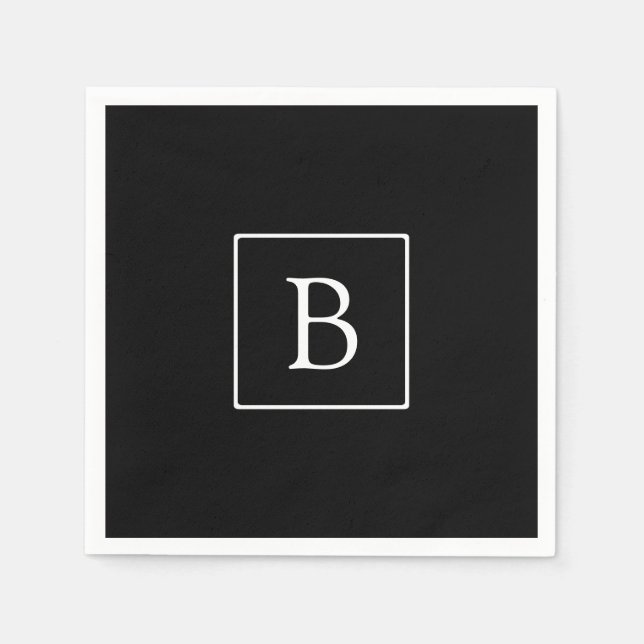 Simple Classic Monogram | Black w/ White Text Napkin (Front)