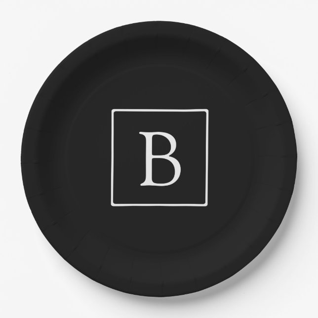 Simple Classic Monogram | Black w/ White Text Paper Plate (Front)